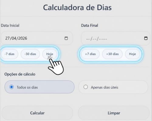 Calculadora De Dias Como Usar a Calculadora de Dias Passo 3: Use as opções de data rápida
Você poderá ver opções rápidas como:
7 dias atrás
30 dias atrás
Clicar nelas definirá automaticamente a data para cálculos mais rápidos.