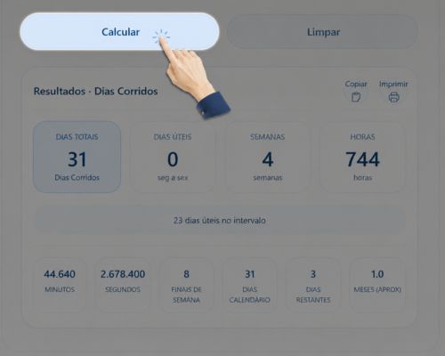 Calculadora De Dias Como Usar a Calculadora de Dias
Passo 5: Veja o resultado instantaneamente
A calculadora calcula automaticamente o número de dias assim que ambas as datas são selecionadas.
A calculadora mostra o resultado depois que você clica no botão calcular.
O resultado será exibido instantaneamente na tela.