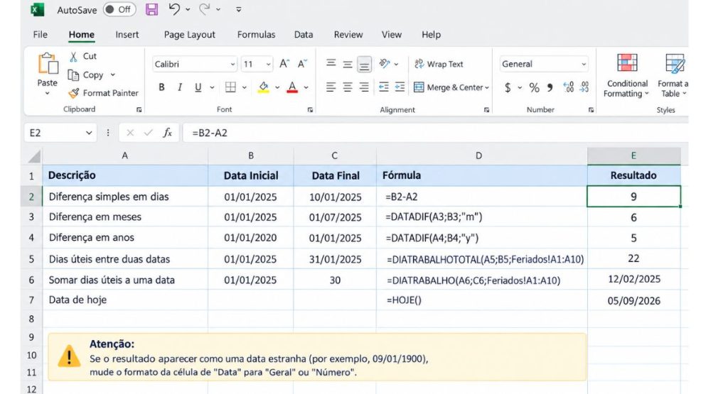 Fórmulas de data no Excel e no Google Planilhas